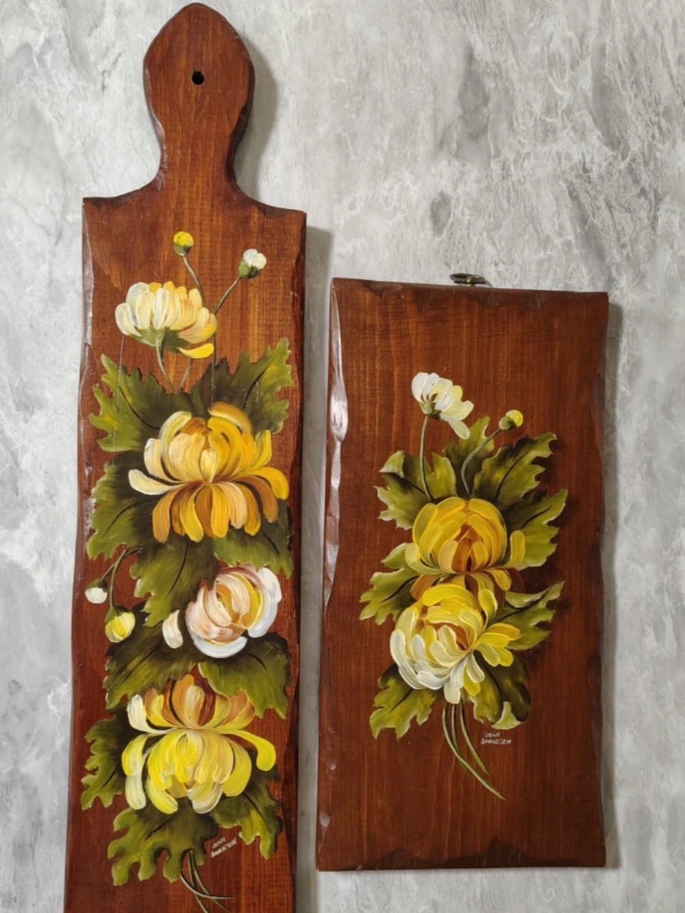 Vintage Hand Painted Flowers on Wood Signed Set